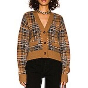 RE/DONE  90s Crop Cardigan Caramel Multi Tan Plaid Cozy Boxy Size L NEW